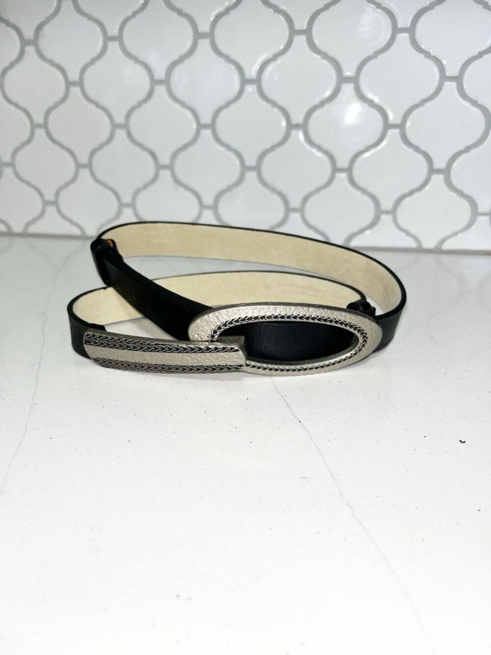 Set of 2 Chico's Adjustable Slide Genuine Leather Belts Women’s Sz M/L Black - Picture 3 of 8